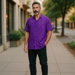 ON THE BRINK Men's size XL 100% SILK Purple Patterned Casual Button Down Shirt